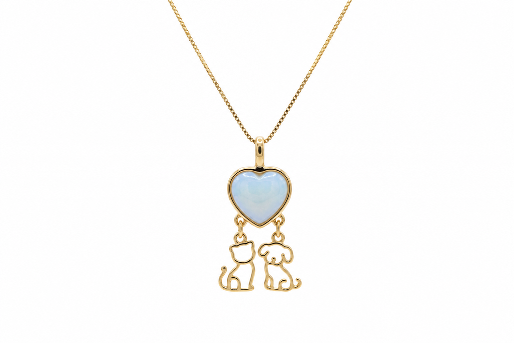 Heart Necklace with Puppy & Kitten - Sky Blue Stone - 18k Gold Plated
