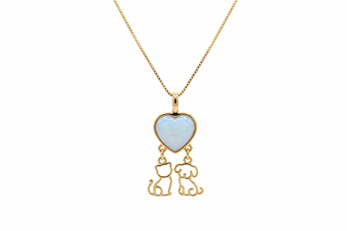 Heart Necklace with Puppy & Kitten - Sky Blue Stone - 18k Gold Plated