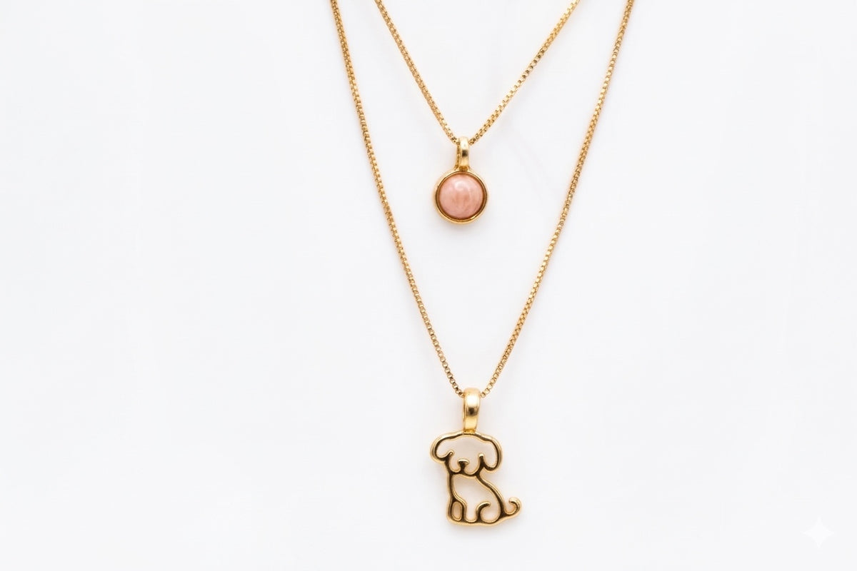 Double Necklace with Puppy & Natural Stone - 18k Gold Plated | For Dog Moms