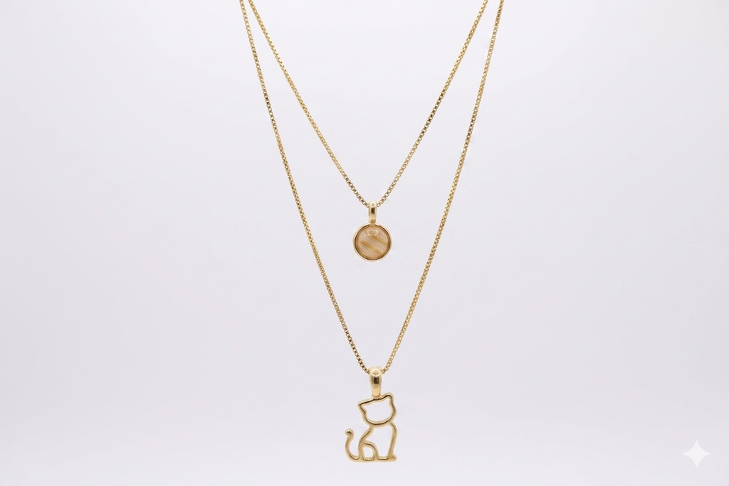 Double Necklace with Kitten & Deep Blue Stone - 18k Gold Plated | For Cat Moms