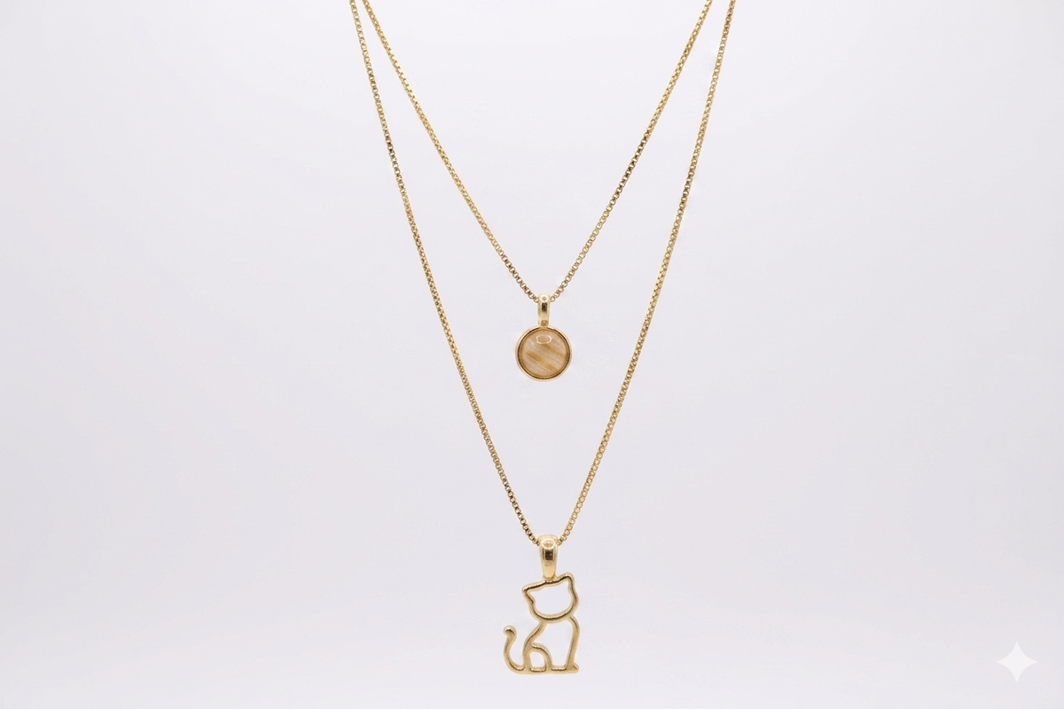 Double Necklace with Kitten & Deep Blue Stone - 18k Gold Plated | For Cat Moms