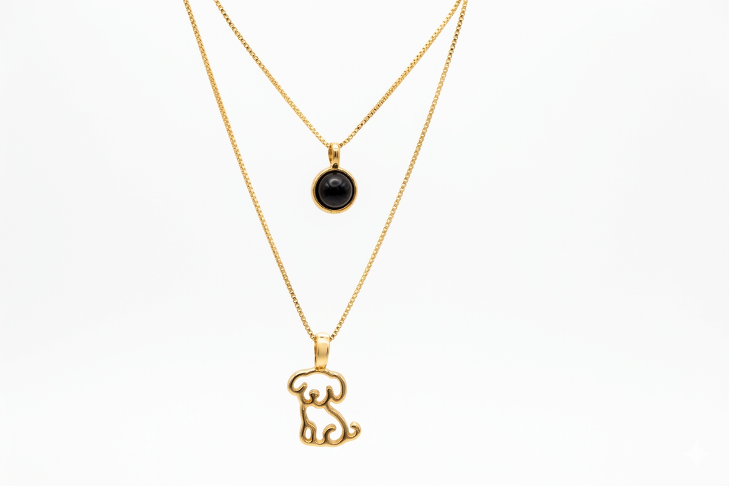 Double Necklace with Puppy & Natural Stone - 18k Gold Plated | For Dog Moms