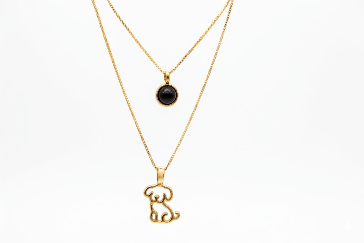 Double Necklace with Puppy & Natural Stone - 18k Gold Plated | For Dog Moms