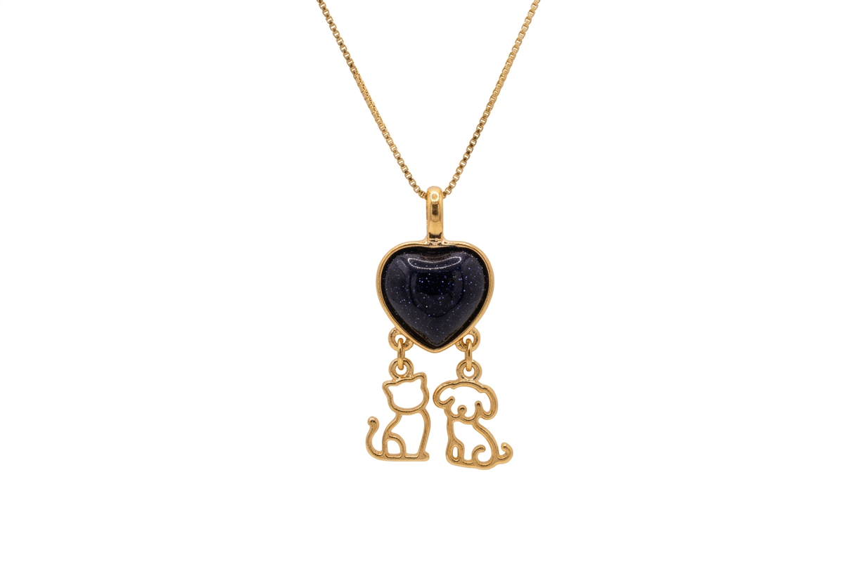 Heart Necklace with Puppy & Kitten - Sky Blue Stone - 18k Gold Plated