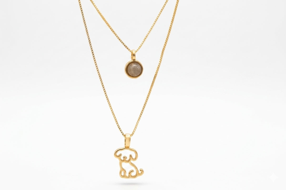 Double Necklace with Puppy & Natural Stone - 18k Gold Plated | For Dog Moms