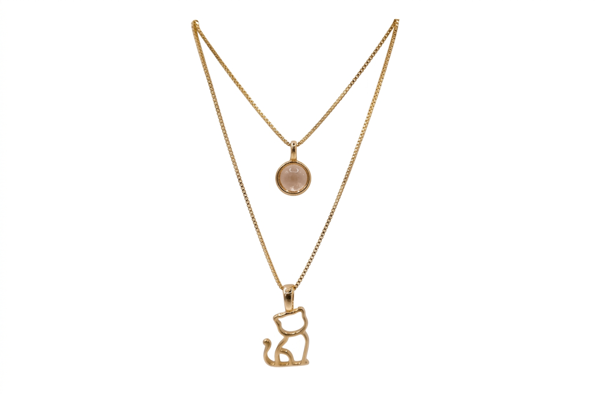 Double Necklace with Kitten & Deep Blue Stone - 18k Gold Plated | For Cat Moms