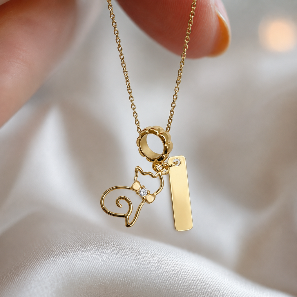 18K Gold-Plated Cat Charm with Sparkling Bow and Tag Accent
