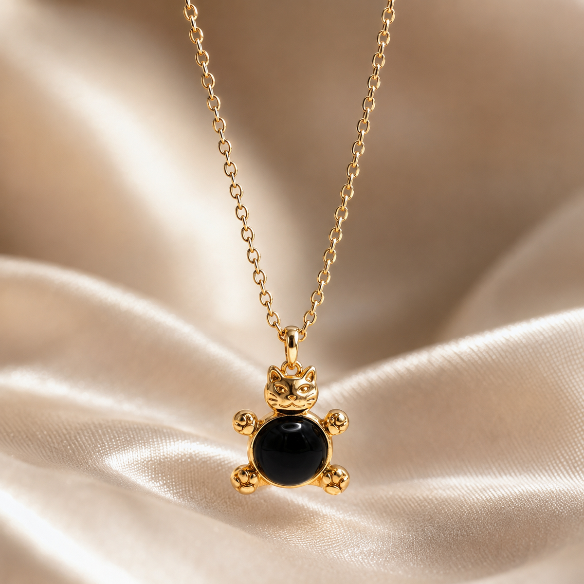 18K Gold-Plated Cat Charm with Black Onyx