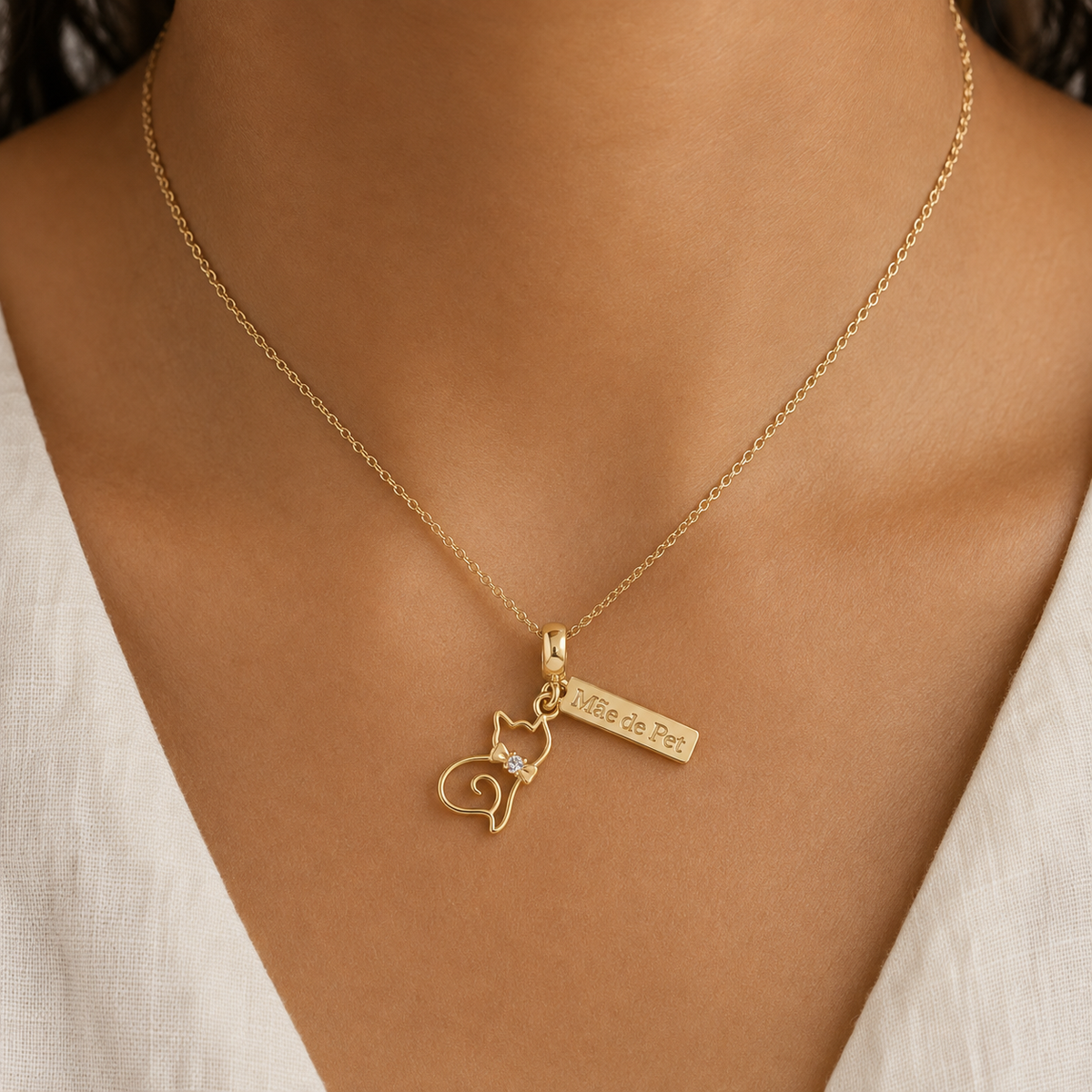 18K Gold-Plated Cat Charm with Sparkling Bow and Tag Accent