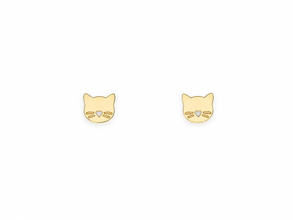 Cat Face & Heart Stud Earrings | 18k Gold Plated