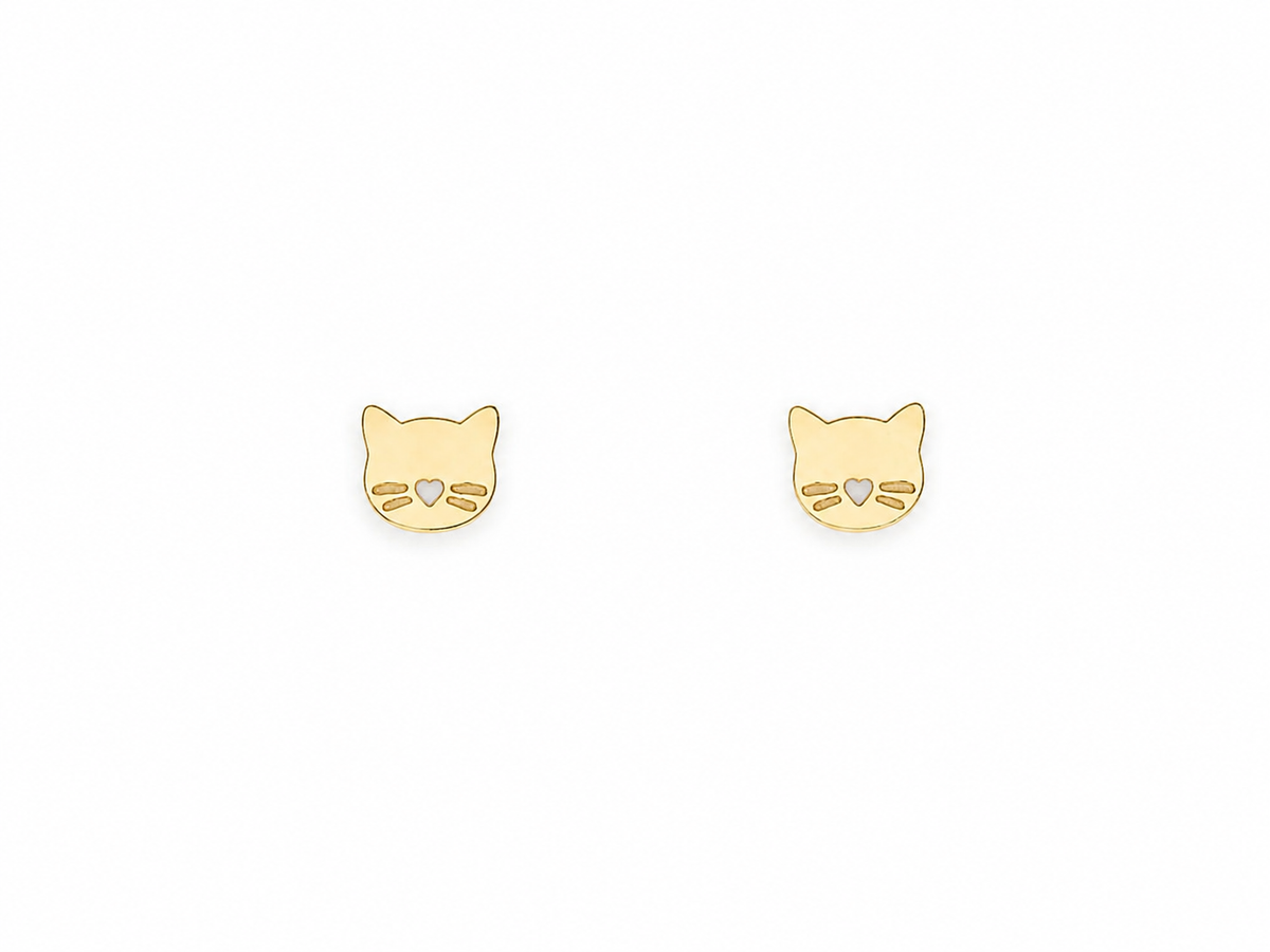 Cat Face & Heart Stud Earrings | 18k Gold Plated