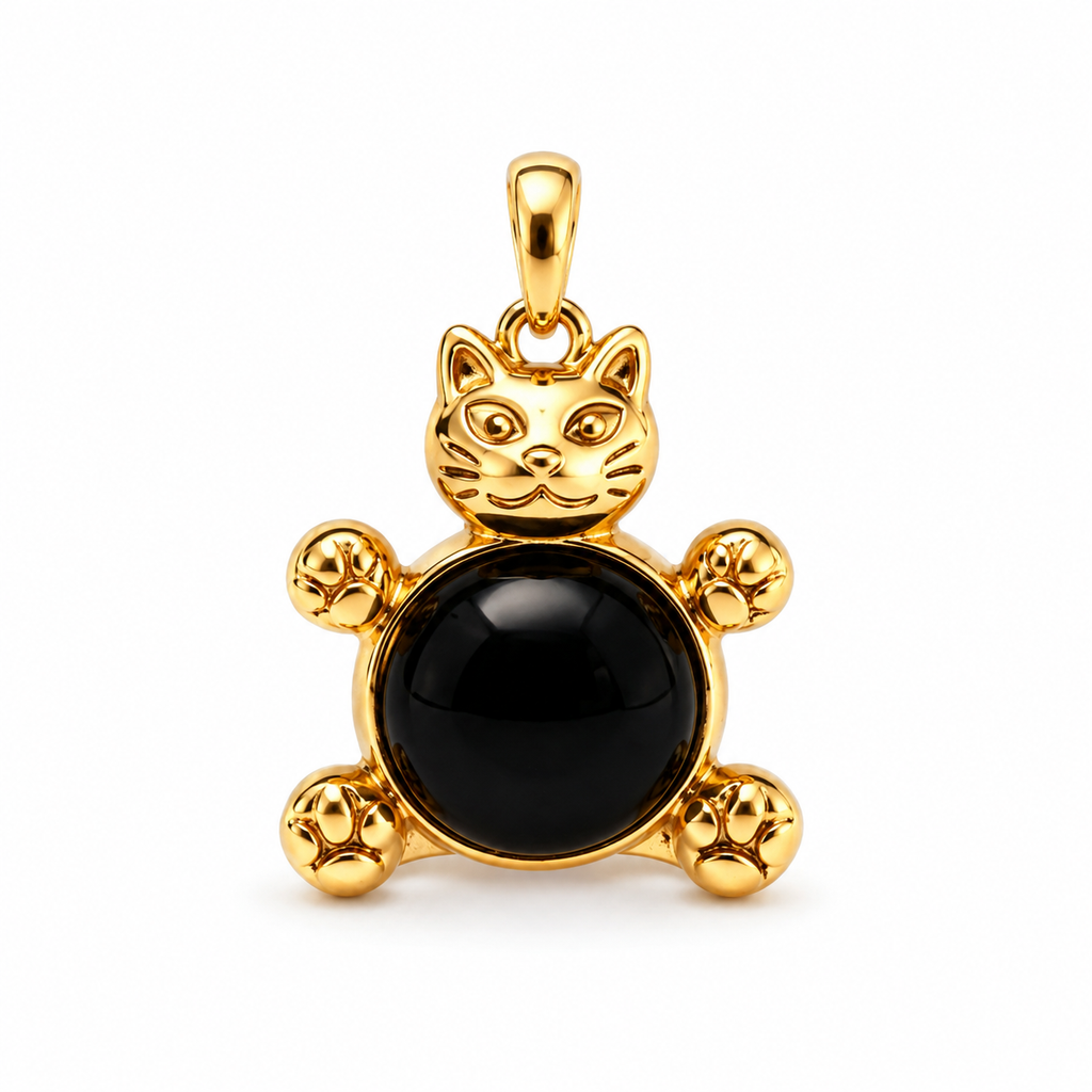 18K Gold-Plated Cat Charm with Black Onyx