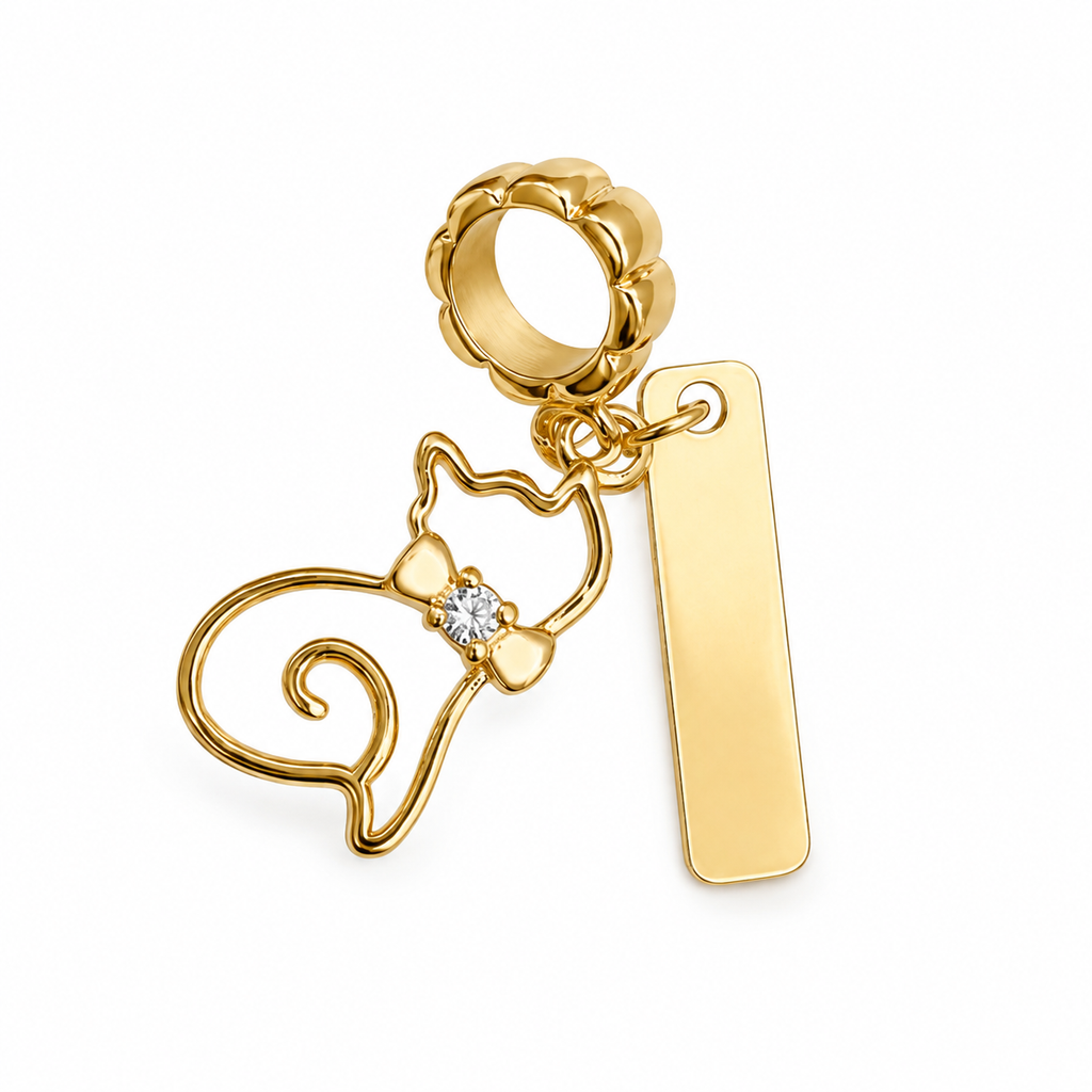 18K Gold-Plated Cat Charm with Sparkling Bow and Tag Accent