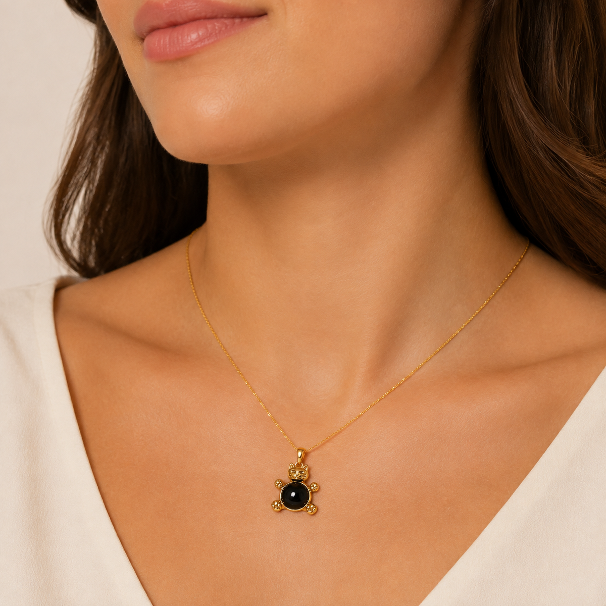 18K Gold-Plated Cat Charm with Black Onyx