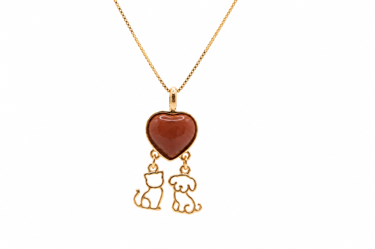 Heart Necklace with Puppy & Kitten - Sky Blue Stone - 18k Gold Plated