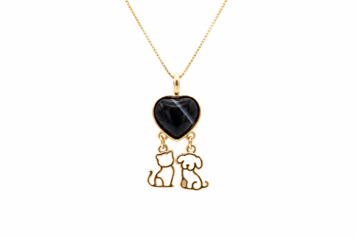 Heart Necklace with Puppy & Kitten - Sky Blue Stone - 18k Gold Plated
