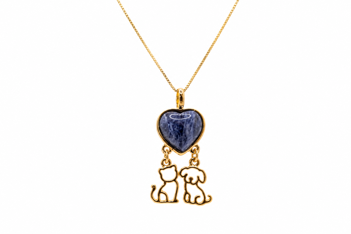 Heart Necklace with Puppy & Kitten - Sky Blue Stone - 18k Gold Plated