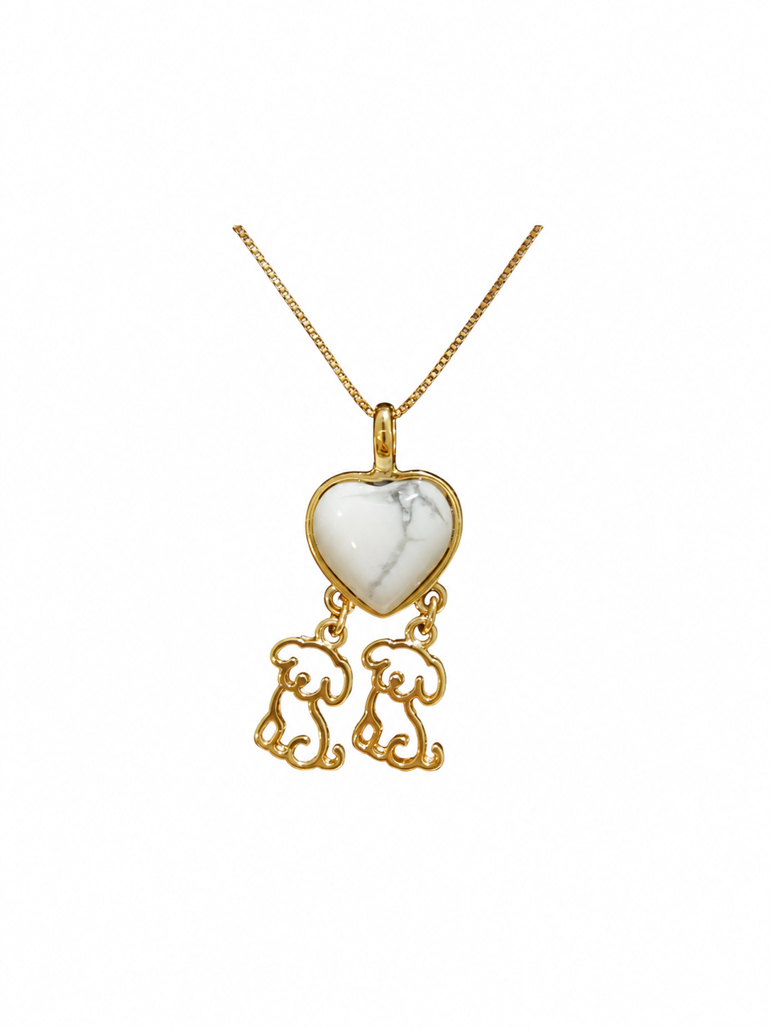 Heart Necklace with 2 Puppies - Turquoise Stone - 18k Gold