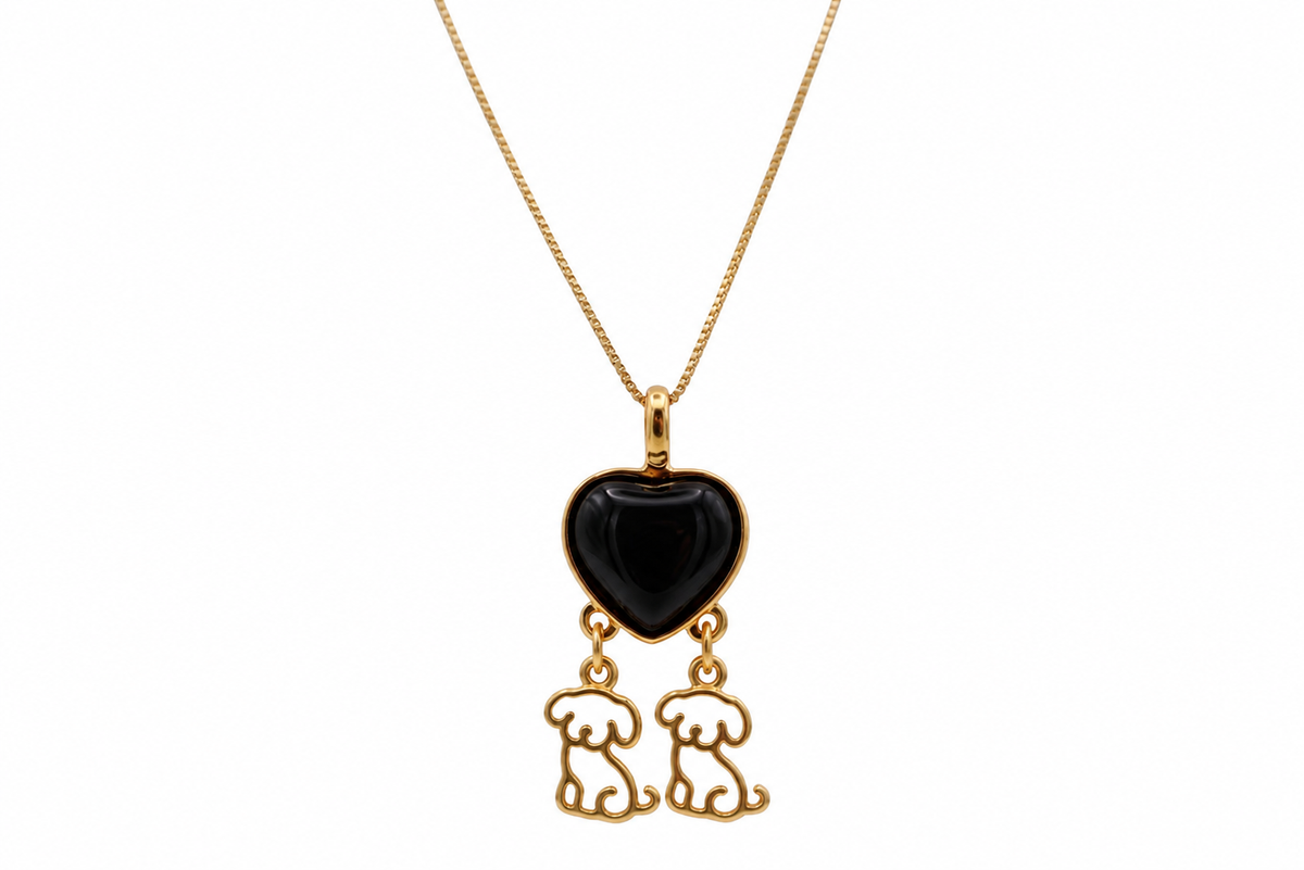 Heart Necklace with 2 Puppies - Turquoise Stone - 18k Gold
