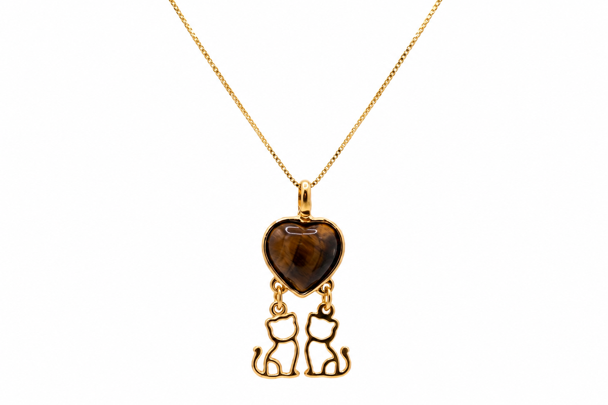Heart Necklace with 2 Kittens - White Howlite Stone - 18k Gold Plated