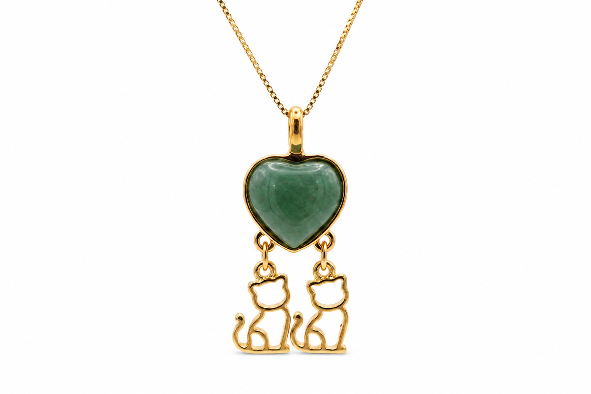 Heart Necklace with 2 Kittens - White Howlite Stone - 18k Gold Plated