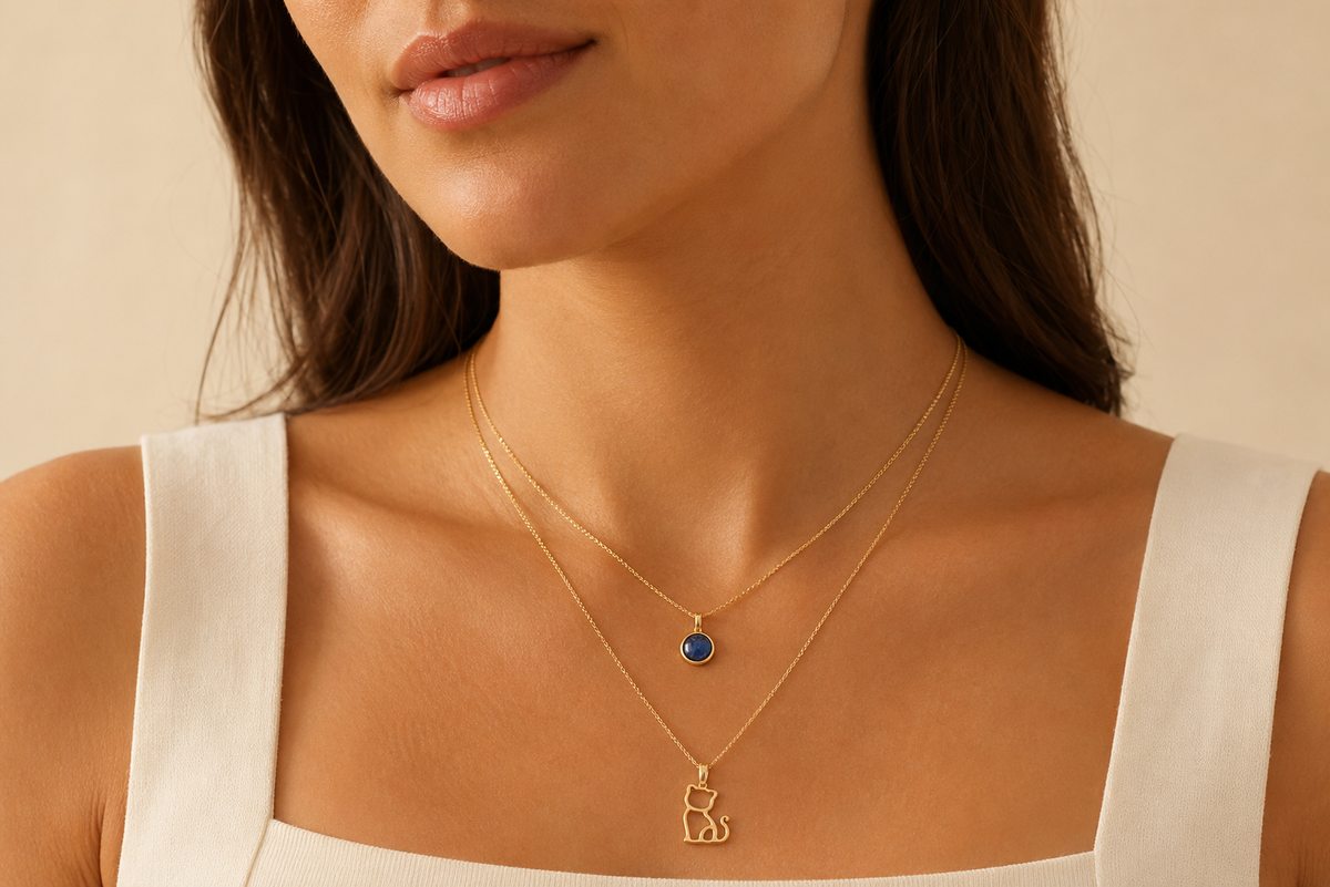 Double Necklace with Kitten & Deep Blue Stone - 18k Gold Plated | For Cat Moms