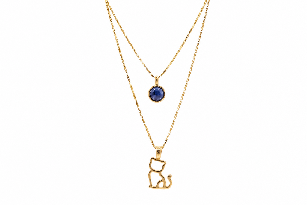 Double Necklace with Kitten & Deep Blue Stone - 18k Gold Plated | For Cat Moms