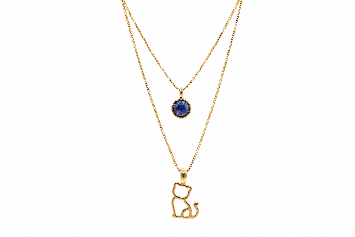 Double Necklace with Kitten & Deep Blue Stone - 18k Gold Plated | For Cat Moms