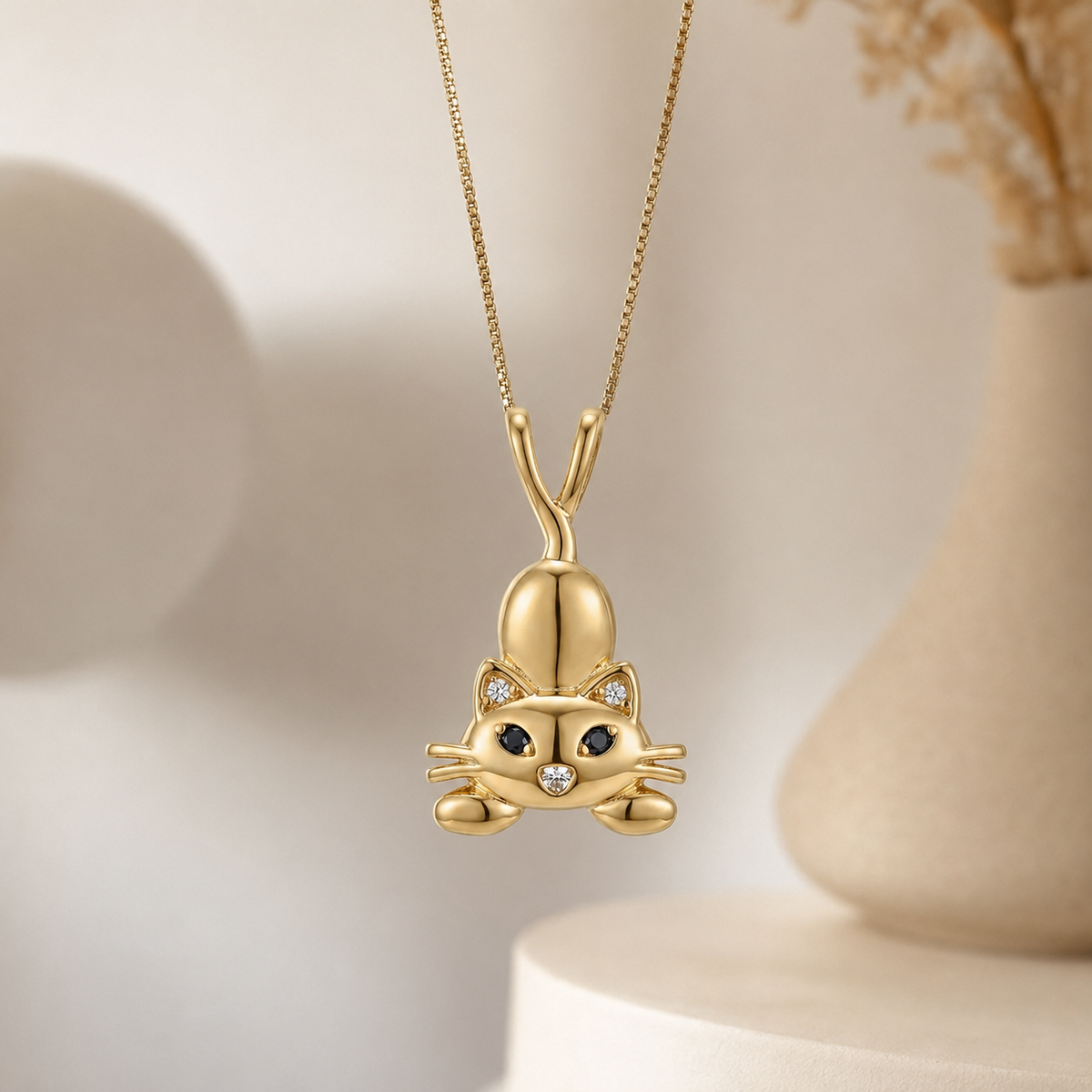 18K Gold-Plated 3D Cat Charm with Sparkling Accents