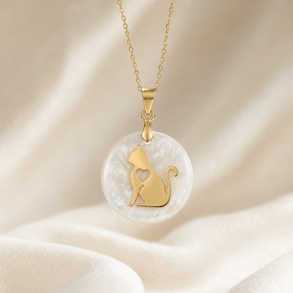 18K Gold-Plated Cat Heart Charm with Natural White Stone