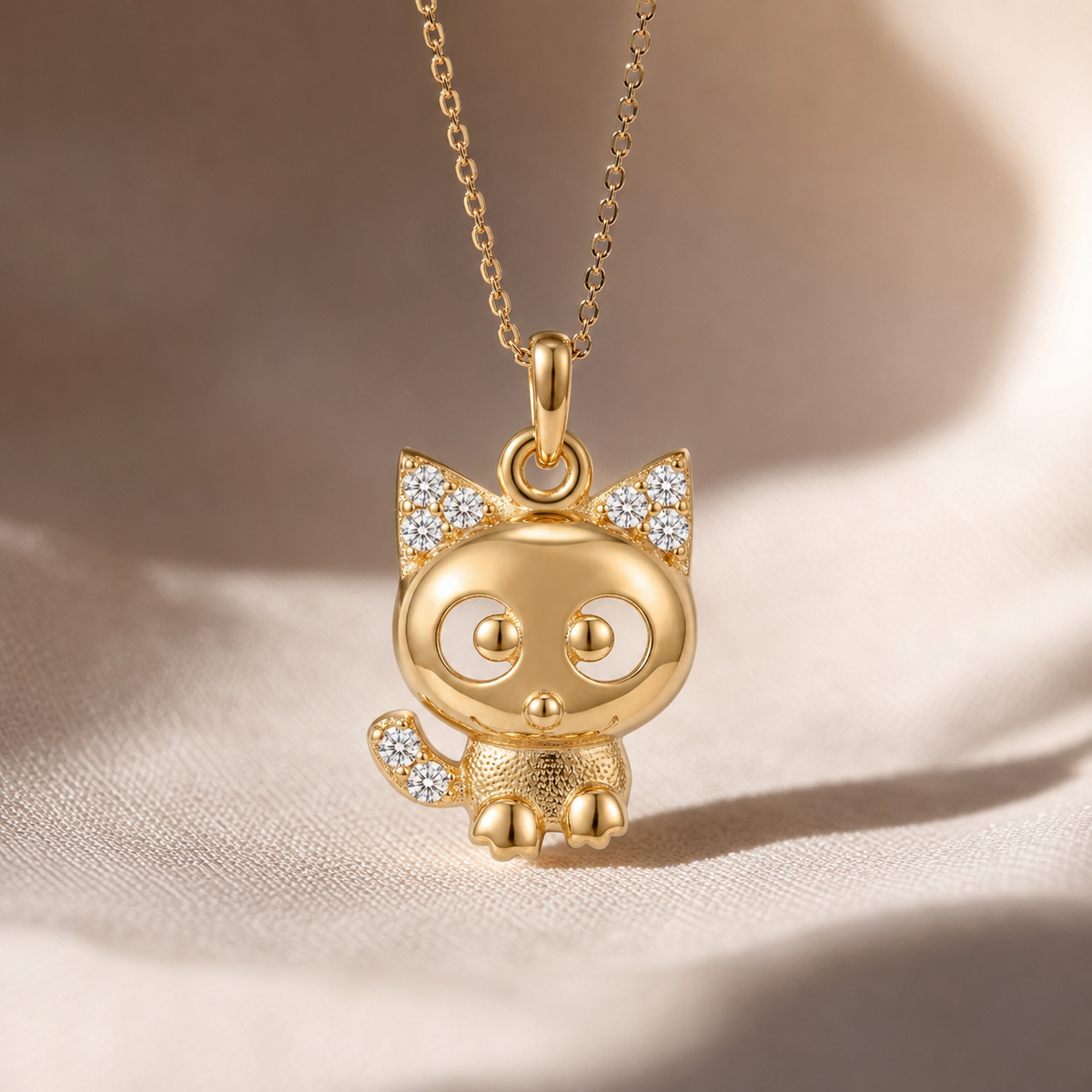 18K Gold-Plated 3D Cat Charm with Sparkling Accents