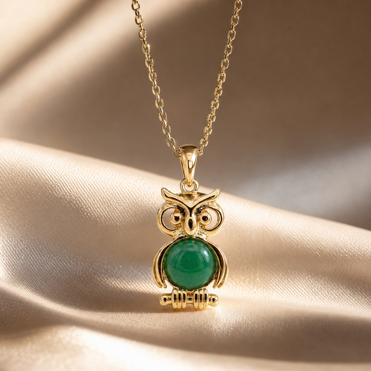 18K Gold-Plated Owl Charm with Natural Green Stone