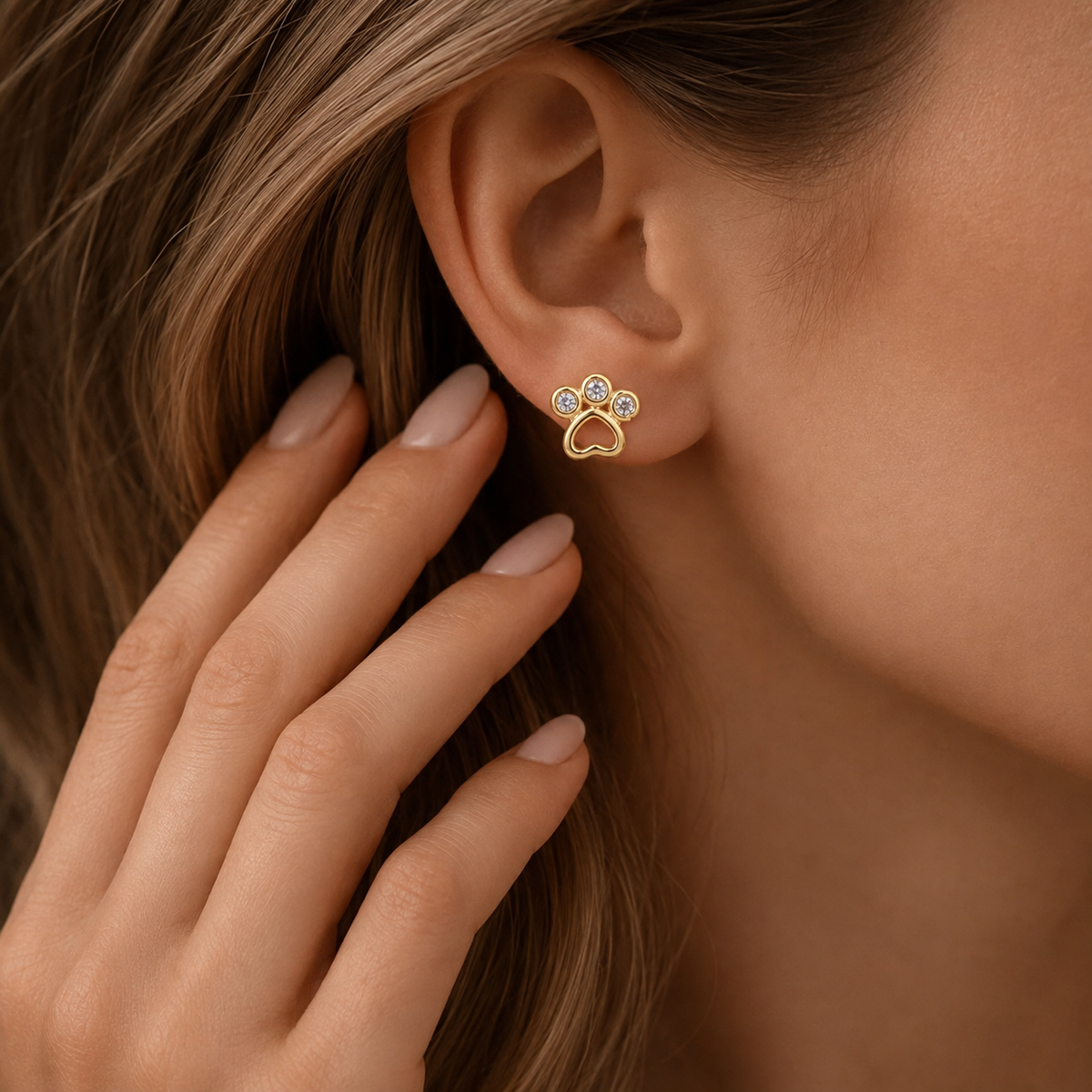 Paw Print Stud Earrings with Cubic Zirconia | 18k Gold Plated