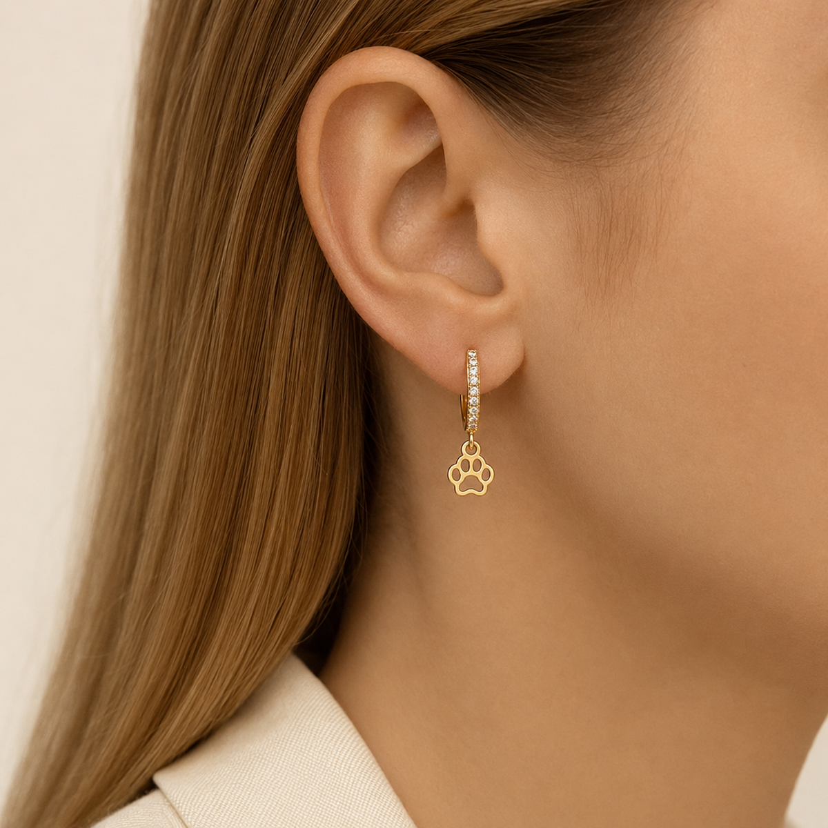 Hoop Earrings with Cubic Zirconia & Paw Print Charm | 18k Gold Plated