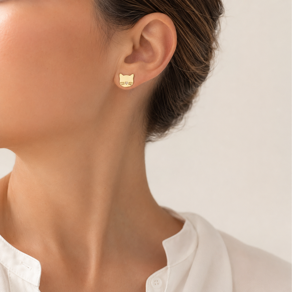 Cat Face & Heart Stud Earrings | 18k Gold Plated