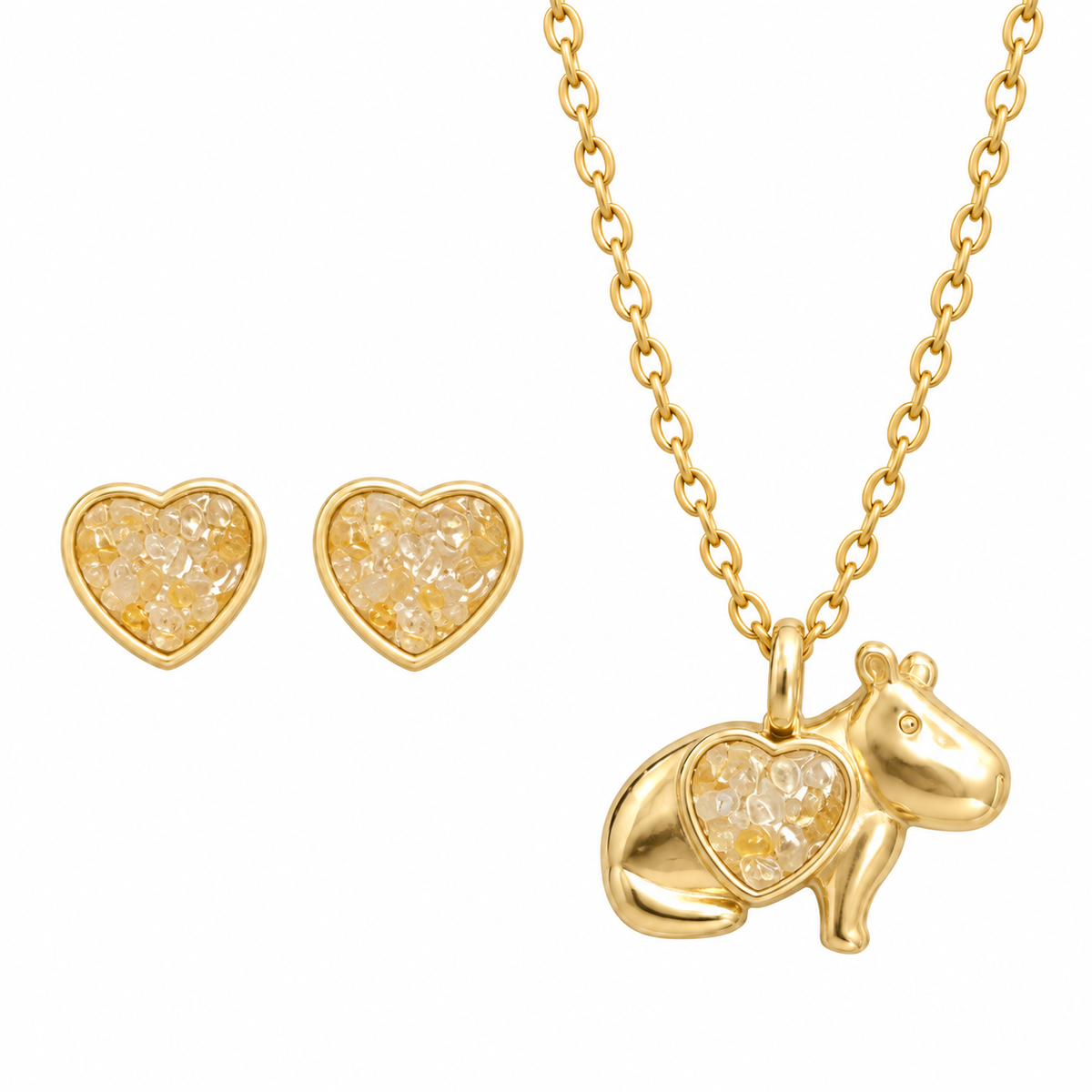 Capybara Necklace & Earrings Set - Champagne