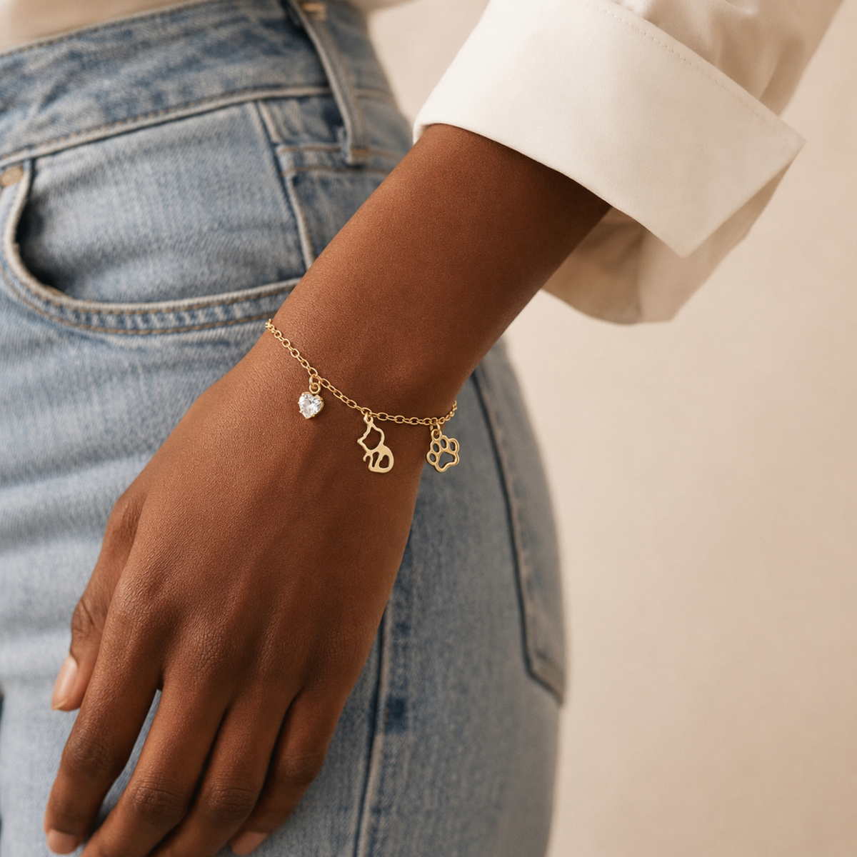 Cat Mom Bracelet with Silhouette & Paw Print - 18k Gold Plated
