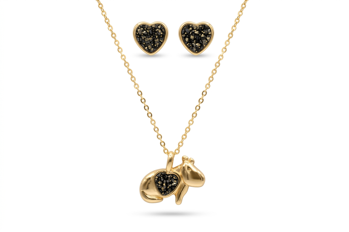 Capybara Necklace & Earrings Set - Black Tourmaline