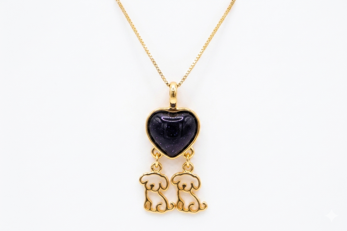 Heart Necklace with 2 Puppies - Turquoise Stone - 18k Gold