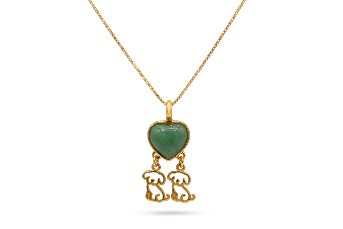 Heart Necklace with 2 Puppies - Turquoise Stone - 18k Gold