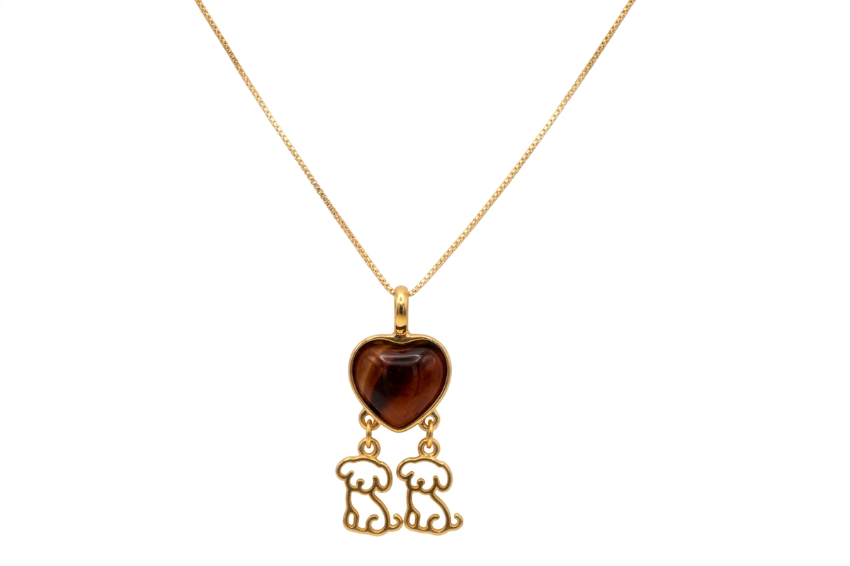 Heart Necklace with 2 Puppies - Turquoise Stone - 18k Gold