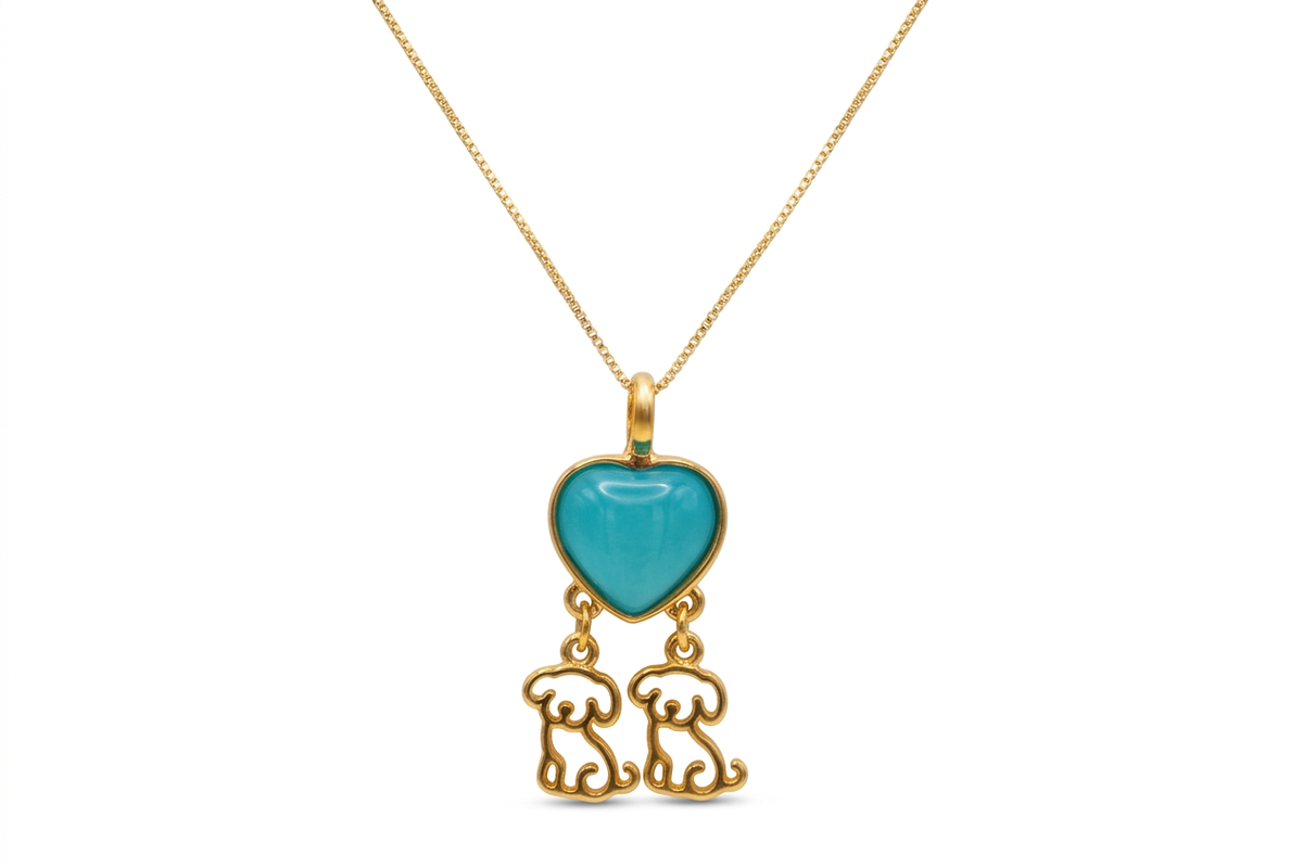 Heart Necklace with 2 Puppies - Turquoise Stone - 18k Gold
