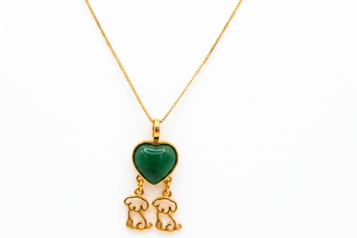 Heart Necklace with 2 Puppies - Turquoise Stone - 18k Gold