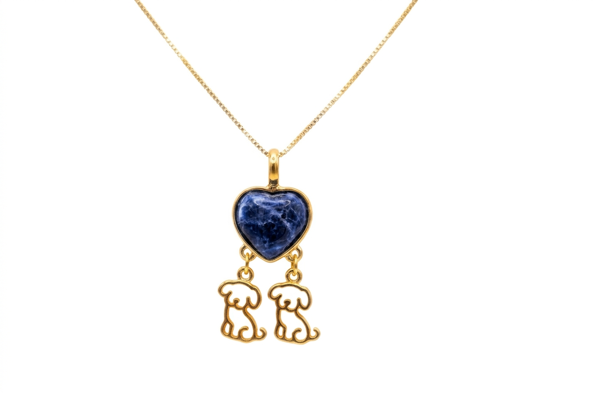 Heart Necklace with 2 Puppies - Turquoise Stone - 18k Gold