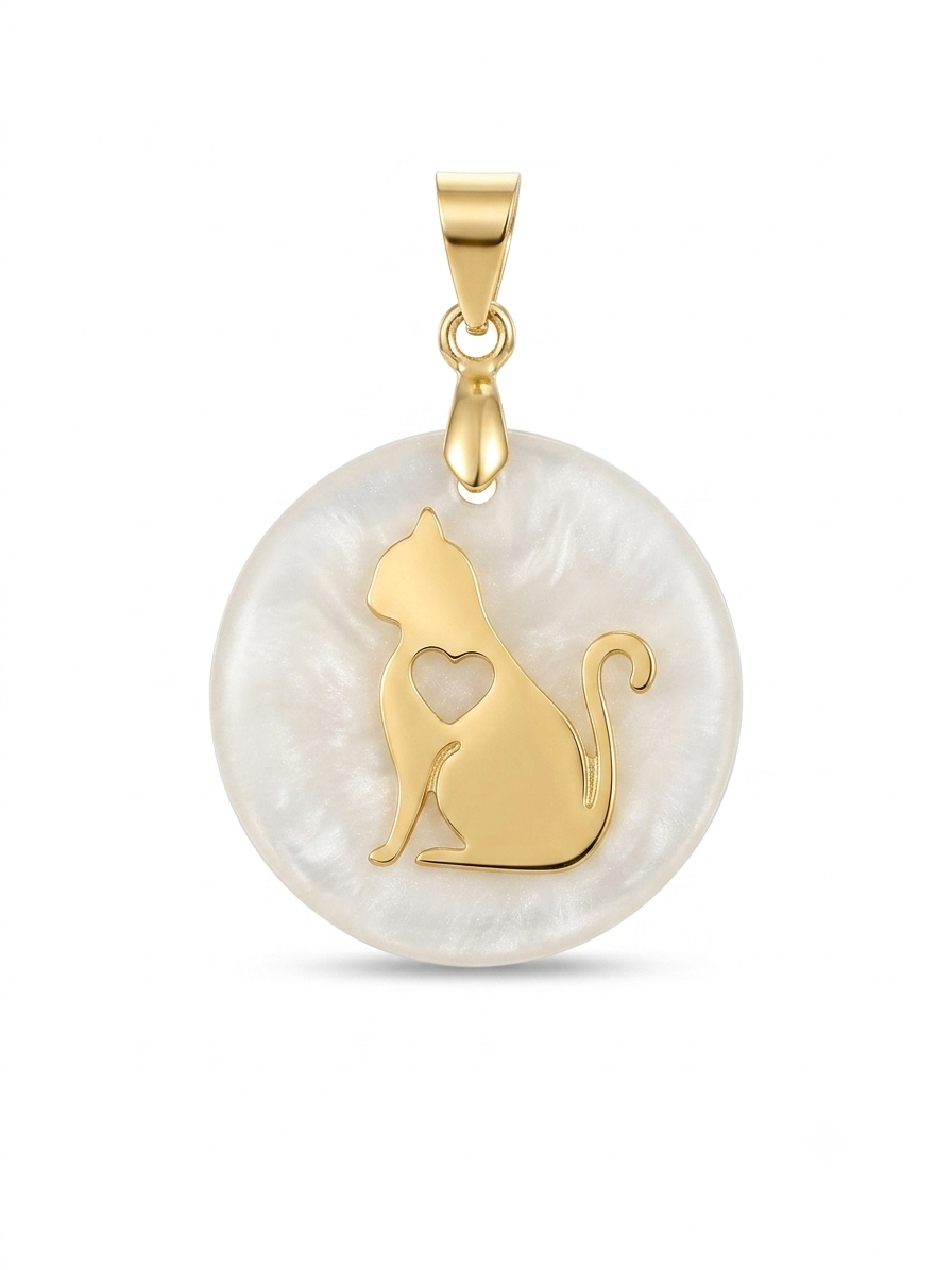 18K Gold-Plated Cat Heart Charm with Natural White Stone