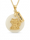18K Gold-Plated “Eu Amo” Cartoon Cat Charm with Natural White Stone
