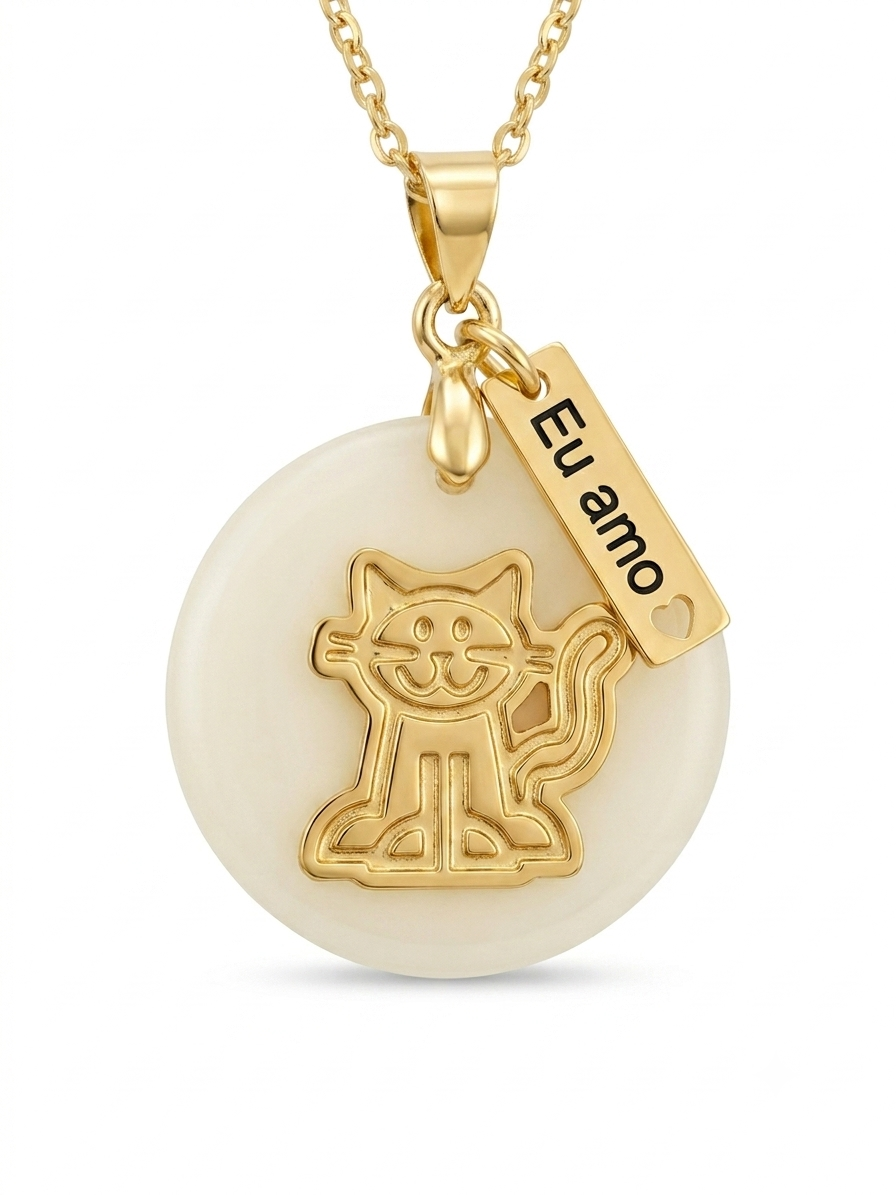 18K Gold-Plated “Eu Amo” Cartoon Cat Charm with Natural White Stone