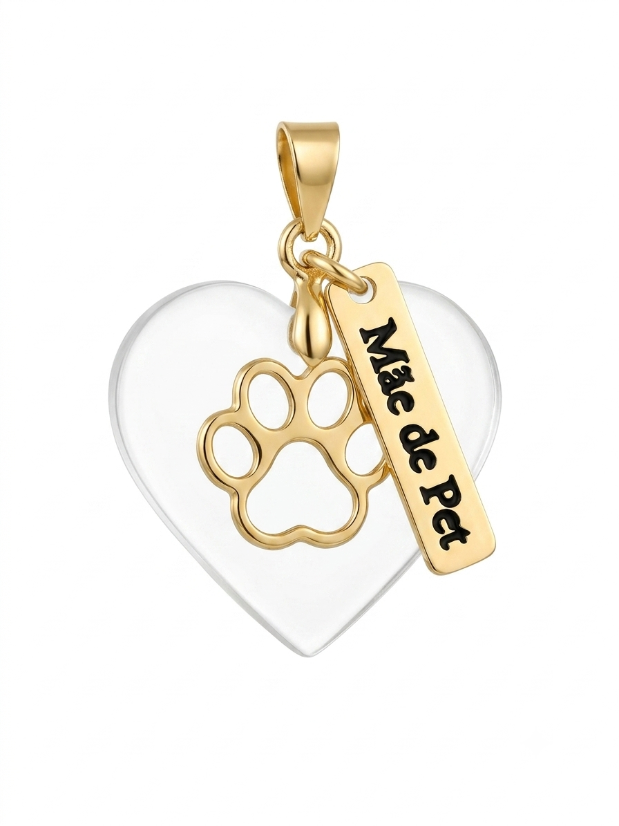 18K Gold-Plated “Mãe de Pet” Paw Heart Charm with Natural Clear Stone