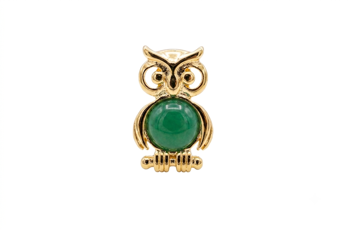 18K Gold-Plated Owl Charm with Natural Green Stone