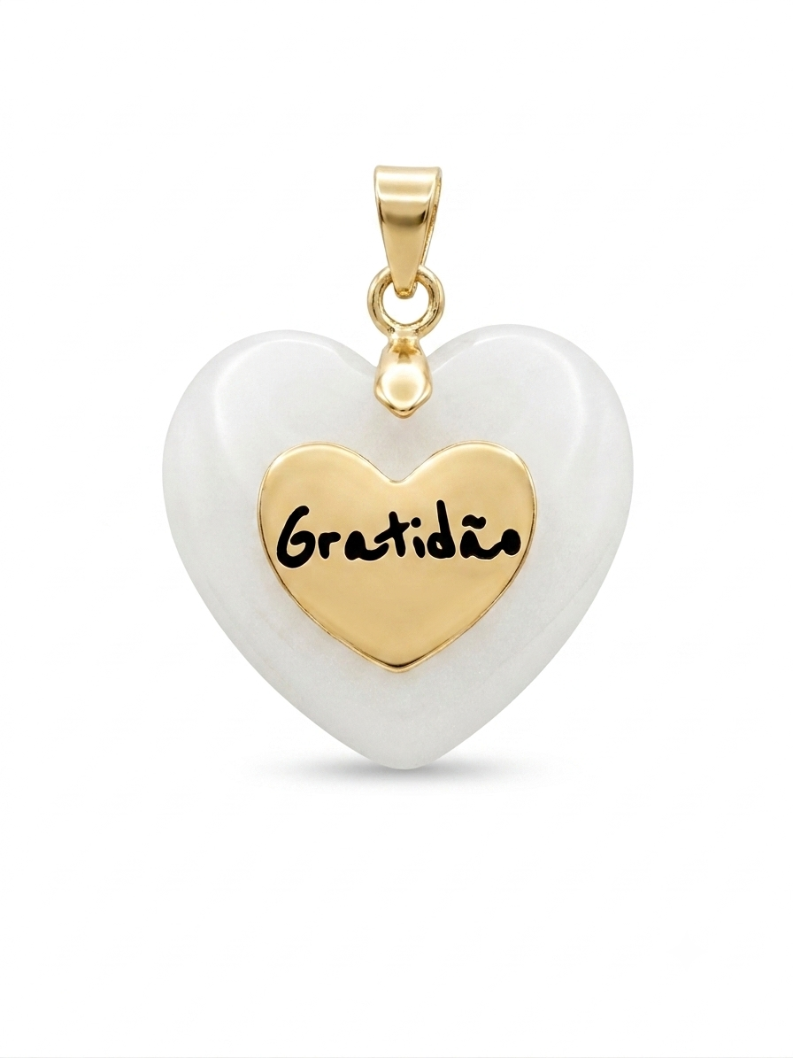 18K Gold-Plated “Gratidão” Heart Charm with Natural White Stone